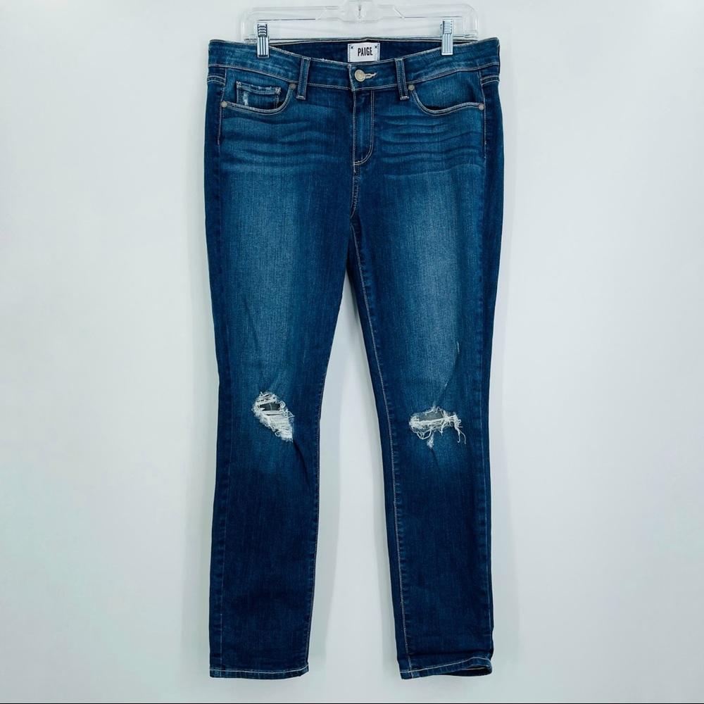 PAIGE Dark Blue Distressed Cropped Jeans